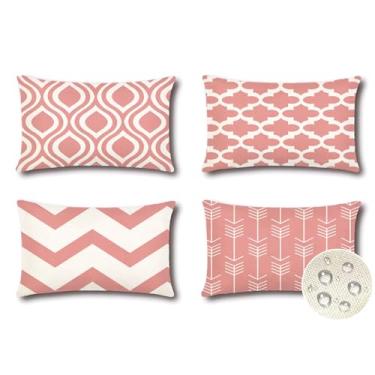 Imagem de OTOSTAR Pacote com 4 capas de almofada impermeáveis para ambientes externos, 40,6 x 61 cm, capas de almofada decorativas para ambientes externos, modernas, rosa, geométricas, para pátio, móveis, sofá