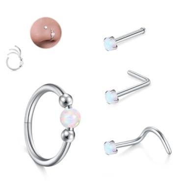 Imagem de JFORYOU Conjunto de anéis de nariz 18G para mulheres, aço inoxidável, hipoalergênico, em forma de L, saca-rolhas, pinos de nariz reto, opala articulada, segmento de clique, argolas de nariz, argolas