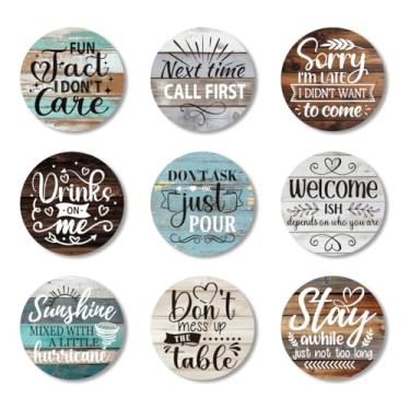 Imagem de ANATTASOUL 9 peças de porta-copos de madeira para bebidas, frase engraçada, tapete de copo de madeira colorido para decoração de mesa de café, porta-copos absorventes para casa, apartamento
