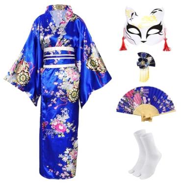Imagem de Conjunto de quimonos para mulheres, vestido japonês, fantasia de gueixa, fantasia de gueixa, anime, cosplay, empregada, máscara, leque de mão, conjunto de meias, Azul royal, One Size Tall