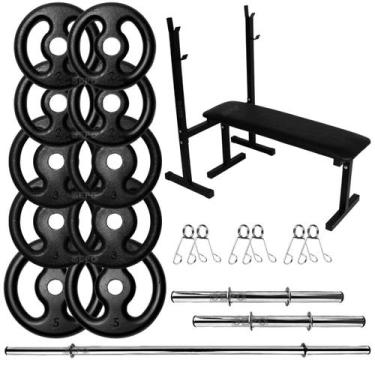 Imagem de Kit Musculação 30Kg Anilhas com Barras de 40cm e 1,50m + Banco para Su