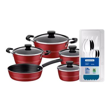 Imagem de Conjunto de Panelas Tramontina Sicilia com Revestimento Starflon Excellent Vermelho – 5 Peças + Faqueiro 12 Peças Tramontina Leme - Azul