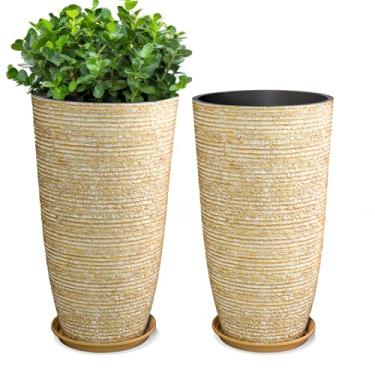 Imagem de QCQHDU Conjunto de vasos de flores redondos de 19 litros de altura para plantas externas/internas de 30,5 cm de diâmetro x 53,3 cm de altura, acabamento em pedra sintética, para varanda e pátio, com