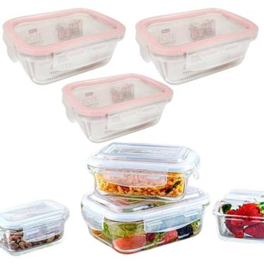 Imagem de Kit 3 Pote Vidro Mantimentos Hermética Tampa Com Trava Silicone Rosa Marmita 370ml