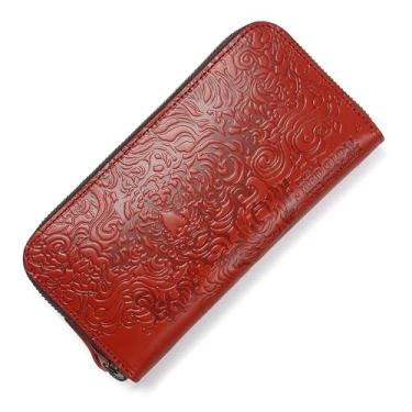 Imagem de Carteira longa masculina Red Glow RG-008, feita no Japão, couro Tochigi, couro legítimo, zíper redondo, estampa de tigre, Vermelho, Carteira longa