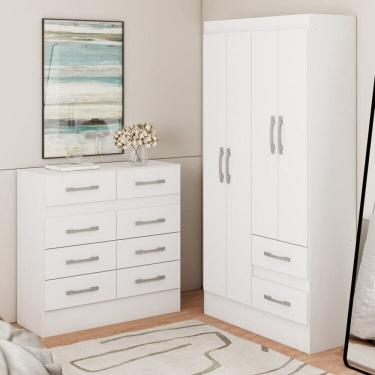 Imagem de Guarda-Roupa 4 Portas 2 Gavetas com Cômoda 8 Gavetas Branco