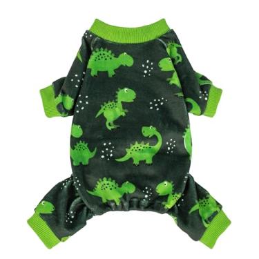 Imagem de Fitwarm Pijama de lã de dinossauro para cães, roupas quentes para cães pequenos, macacão aconchegante para animais de estimação com pés, verde escuro, verde brilhante, PP