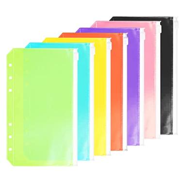 Imagem de Pacote com 7 compartimentos para fichário A6 com 6 furos, pastas de plástico com zíper, à prova d'água, 6 furos, zíper, folhas soltas, envelope com zíper para documentos, cadernos, cartões (7 cores com zíper, A6)