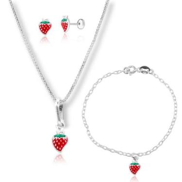 Imagem de Conjunto Colar Brinco Pulseira Morango Infantil Prata - Lojas La+Ny, P