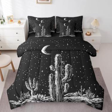 Imagem de Erosebridal Conjunto de edredom de 7 peças de cacto ocidental, tamanho queen, para crianças, meninos, meninas, vintage, deserto do sudoeste, retrô, lua, noite, glitter, plantas, preto e branco