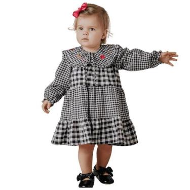 Imagem de Vestido Manga Longa xadrez Bordado Infantil Papilloo, Preto, 8
