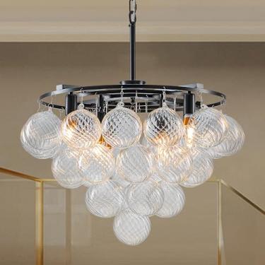 Imagem de BeyPan Lustre Redondo De Vidro Preto Em Camadas, Globo, Espiralado, Transparente, 8 Luzes, 24" Diâmetro, Luminária Pendente Para Quarto E Restaurante