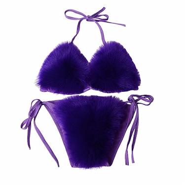 Imagem de Wome's Bikii Define Pele De Raposa Falsa Triagle Duas Peças Maiô Tie Side Sexy Swimwear, Dark Pink, One Size