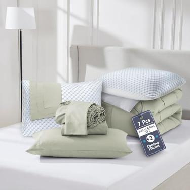 Imagem de Nestl Conjunto de edredom completo de 9 peças – Cama reversível de sálvia clara em uma bolsa – Conjunto completo de cama de casal com lençóis, travesseiros refrescantes, fronhas e fronhas