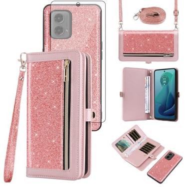 Imagem de Asuwish Capa de celular para Motorola Moto G 5G 2024 com zíper carteira destacável com protetor de tela transversal alça de cordão brilhante flip compartimento para cartão G5G 5 G G5 mulheres homens