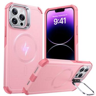 Imagem de Capa ESR série Cyber para iPhone 13 Pro com suporte, proteção de nível militar contra quedas de 7 metros, capa magnética resistente, compatível com acessórios MagSafe, rosa