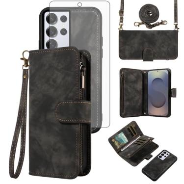 Imagem de Asuwish Capa de celular para Samsung Galaxy S25 Ultra 5G com zíper carteira celular com protetor de tela de vidro temperado alça transversal flip suporte para cartão de crédito S25Ultra 25S S 25