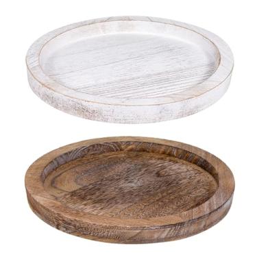 Imagem de Ptwola 2 peças, bandeja de suporte de vela, redonda, rústica, de madeira, decorativa, tealight, pilar, bandeja de servir, mesa de fazenda, branca, centro de mesa para cozinha, café, bancada, Natal
