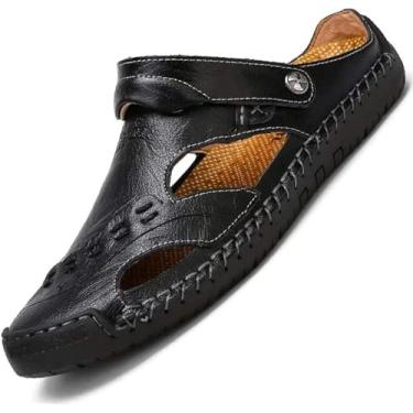 Imagem de Sandálias Masculinas De Couro Macio De Couro Fechado Sandálias De Praia Para Caminhadas Ao Ar Livre Verão Masculino Respirável Slip-on Chinelo Mocassim Suporte De Ar, Nero, 8 UK