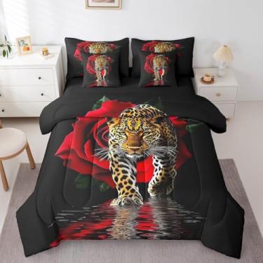 Imagem de Erosebridal Jogo de cama de casal com estampa de leopardo, 7 peças, rosa vermelha, flores românticas, gato grande, vida selvagem, guepardo, africano, animal selvagem, decoração de quarto