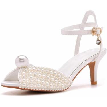 Imagem de Sandálias Femininas Tornozelo Fivela Pérola Bowknot Sapatos De Casamento Dedo Redondo Confortável Vestido De Noiva Bombas, Beige, 35 EU