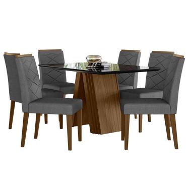 Imagem de Mesa de Jantar 135x90cm Fernanda com Vidro Imbuia Preto e 6 Cadeiras Caroline Imbuia Linho Cinza Escuro - New Ceval