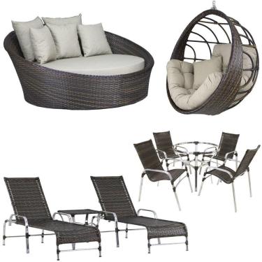 Imagem de 4 Cadeiras E Mesa, 2 Espreguiçadeiras, 1 Balanço E Chaise Pedra Ferro