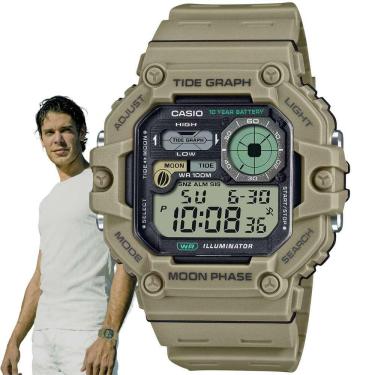 Imagem de Relógio de Pulso Casio Masculino Tabua de Mares Dados Lunares Hora Mundial Gráfico de marés Dual Time 3 Alarmes Digital Caqui WS-1700H-5AVDF
