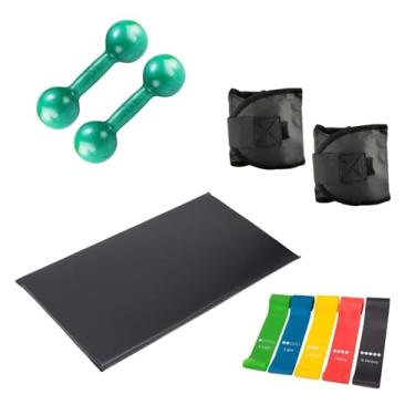 Imagem de Kit Fitness, Halteres 1 kg Preto, Par de Caneleiras 1 kg, Elástico para Treino e Alongamento, 4 Peças