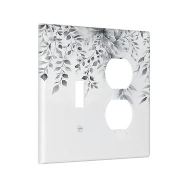 Imagem de Xuejiaku Placa de cobertura para interruptor de luz, cinza, branco, folhas de eucalipto, vintage, floral, 2 capas de tomada, 1 interruptor duplex, placas de parede para interruptor elétrico para