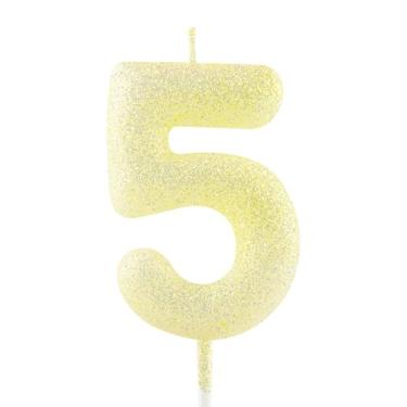 Imagem de Vela de aniversário de 5 anos ouro amarelo glitter número 5 velas luminosas decoração de bolo decoração de feliz aniversário para meninas, meninos, mulheres, comemorações, artigos de festa