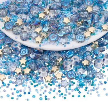Imagem de NBEADS Cerca de 529 unidades de kits de contas em forma de lua estrela, espaçador de vidro, contas estéticas para pulseira, colar, pingentes, brincos, série, azul translúcido