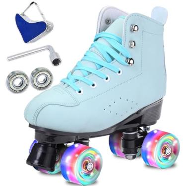 Imagem de SCNUT Skates patins femininos masculinos de couro PU preto de cano alto clássicos patins de fileira dupla ajustáveis para ambientes externos internos quadriciclos e derby de rolo (Green Flash, 42