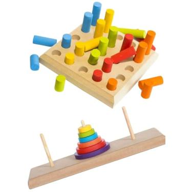 Imagem de Kit 2 Brinquedos TORRE DE HANOI + PINOS DE ENCAIXE em Madeira e EVA - Educativo Pedagógico