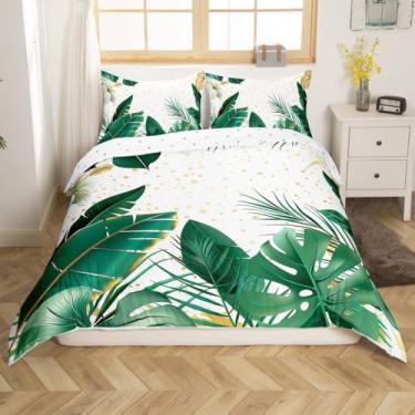 Imagem de jejeloiu Jogo de cama king size com folhas tropicais botânicas de folhas tropicais de verão para meninos e meninas, tema de flores e natureza, decoração de quarto (sem edredom