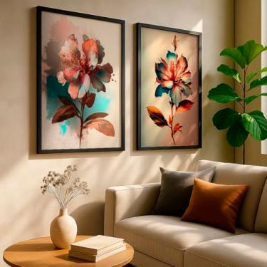 Imagem de Kit 2 Quadros Decorativos Flor Aquarela Tons Quentes Azul Vermelho Artístico Floral Ilustração Com Moldura