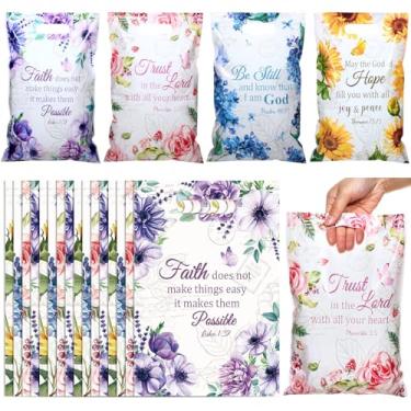 Imagem de Pasimy 100 sacos de presente cristãos a granel 29 x 19 cm sacos de plástico para guloseimas religiosas com alças para versículo bíblico escrituras florais lembrancinhas de festa de chá doces
