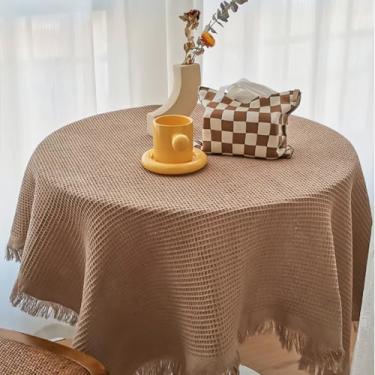 Imagem de Toalha de mesa pequena para mesa redonda, toalha de mesa de algodão com macramê de cor sólida, tecido lavável resistente a amassados, capa de mesa de café, para sala de estar, cozinha, festa