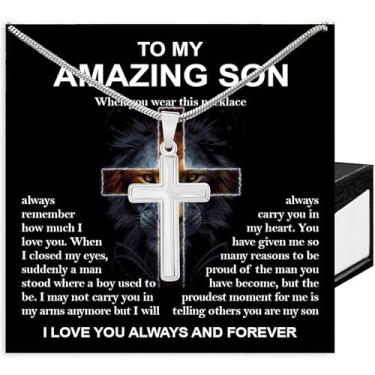 Imagem de Colar de cruz para filho, To My Son de mãe e pai, presentes de Natal com cartão de mensagem e caixa, Aço inoxidável, Sem Pedra Preciosa