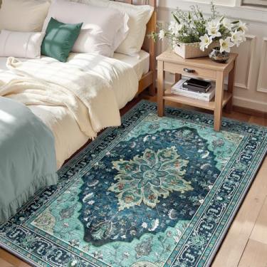 Imagem de RELEANY Tapetes de área 9,5 x 1,5 m lavável, antiderrapante, floral, vintage, estampa de angústia, tapete medalhão para sala de estar, quarto, sala de jantar, verde-petróleo, azul lago turquesa