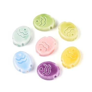 Imagem de Stiesy 50 peças de contas de cerâmica de porcelana esmaltadas brilhantes feitas à mão, espaçador em forma de peixe, contas soltas a granel para joias com tema de oceano, faça você mesmo, suprimentos