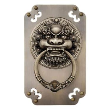 Imagem de Aldrava de porta chinesa de cobre puro, porta de madeira, puxador de cabeça de animal de unicórnio retrô, porta antiga, cabeça de leão, anel de puxar com cabeça de tigre, alça grande