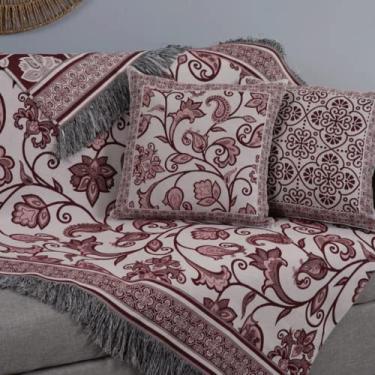 Imagem de Manta Xale Para Sofá com Almofadas Decorativas Cheias Jacquard com Franjas Dupla Face Decoração Sala Grécia (Vinho)