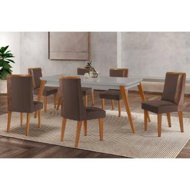Imagem de Conjunto Sala de Jantar Havana c/ Tampo Madeirado c/ Vidro Canto Curvo 180x90cm e 6 Cadeiras Tilia Madeira Maciça Naturale/Off White - Capuccino/Suede