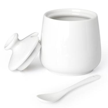Imagem de Swetwiny Açucareiro de cerâmica com tampa e colher, pote de armazenamento de sal de porcelana, recipiente de tempero branco para casa e cozinha, 255 g