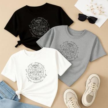 Imagem de Kit com 3 Camisetas Estampadas Oração São Bento Círculo Modinha Cristã