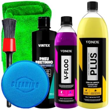 Imagem de Kit Completo Automotivo Cera Plus Limpadora Shampoo Neutro V-Floc Vonixx Pneu Pretinho Vintex Acessórios Karbox