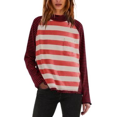 Imagem de Camisa feminina Panadila, manga comprida, listrada, gola alta, tamanho