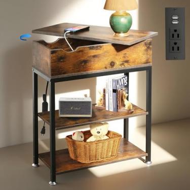 Imagem de Mesa de canto superior rotativa com estação de carregamento, mesa lateral com portas USB e tomadas, 61 cm L x 30 cm P x 68 cm A, mesa de canto giratório com armazenamento, mesas laterais para sofá