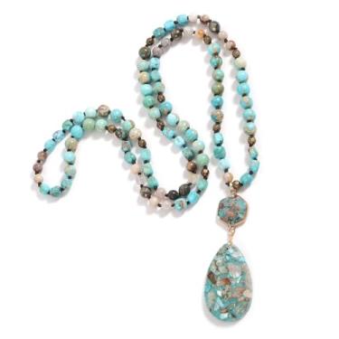 Imagem de Colar Boho Feminino/Masculino Longo, 90cm Contas de Pedra Natural Pingente Joia Feito à Mão Boêmio Moda Colar com Chakra Grosso